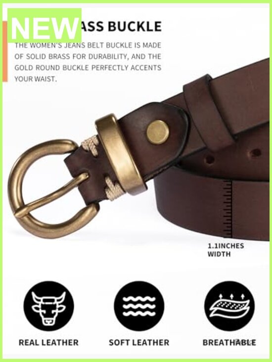 Genuine Leather Belt Vintage Solid Brass Circle Buckle for Jeans main image 4